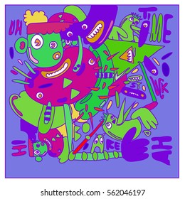 Vector illustration Hipster Hand drawn Crazy doodle cute Monster with drawing style. Vector illustration for poster, fabric printed, or wallpaper design.
