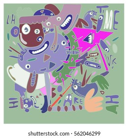 Vector illustration Hipster Hand drawn Crazy doodle cute Monster with drawing style. Vector illustration for poster, fabric printed, or wallpaper design.