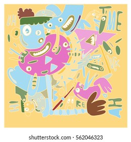 Vector illustration Hipster Hand drawn Crazy doodle cute Monster with drawing style. Vector illustration for poster, fabric printed, or wallpaper design.