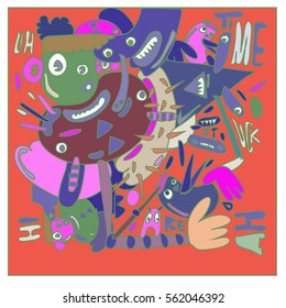 Vector illustration Hipster Hand drawn Crazy doodle cute Monster with drawing style. Vector illustration for poster, fabric printed, or wallpaper design.