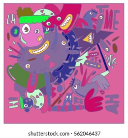 Vector illustration Hipster Hand drawn Crazy doodle cute Monster with drawing style. Vector illustration for poster, fabric printed, or wallpaper design.