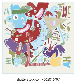 Vector illustration Hipster Hand drawn Crazy doodle cute Monster with drawing style. Vector illustration for poster, fabric printed, or wallpaper design.