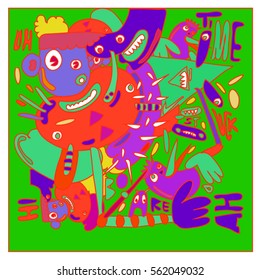 Vector illustration Hipster Hand drawn Crazy doodle cute Monster with drawing style. Vector illustration for poster, fabric printed, or wallpaper design.