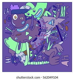 Vector illustration Hipster Hand drawn Crazy doodle cute Monster with drawing style. Vector illustration for poster, fabric printed, or wallpaper design.