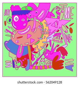 Vector illustration Hipster Hand drawn Crazy doodle cute Monster with drawing style. Vector illustration for poster, fabric printed, or wallpaper design.