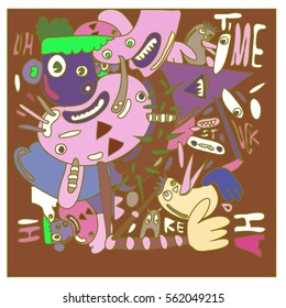 Vector illustration Hipster Hand drawn Crazy doodle cute Monster with drawing style. Vector illustration for poster, fabric printed, or wallpaper design.