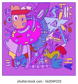 Vector illustration Hipster Hand drawn Crazy doodle cute Monster with drawing style. Vector illustration for poster, fabric printed, or wallpaper design.