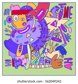 Vector illustration Hipster Hand drawn Crazy doodle cute Monster with drawing style. Vector illustration for poster, fabric printed, or wallpaper design.