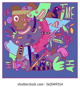 Vector illustration Hipster Hand drawn Crazy doodle cute Monster with drawing style. Vector illustration for poster, fabric printed, or wallpaper design.