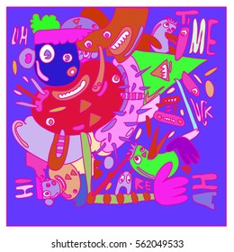 Vector illustration Hipster Hand drawn Crazy doodle cute Monster with drawing style. Vector illustration for poster, fabric printed, or wallpaper design.