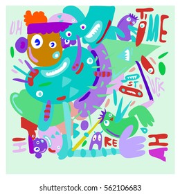 Vector illustration Hipster Hand drawn Crazy doodle cute Monster with drawing style. Vector illustration for poster, fabric printed, or wallpaper design.