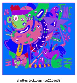 Vector illustration Hipster Hand drawn Crazy doodle cute Monster with drawing style. Vector illustration for poster, fabric printed, or wallpaper design.