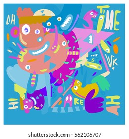 Vector illustration Hipster Hand drawn Crazy doodle cute Monster with drawing style. Vector illustration for poster, fabric printed, or wallpaper design.