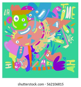 Vector illustration Hipster Hand drawn Crazy doodle cute Monster with drawing style. Vector illustration for poster, fabric printed, or wallpaper design.
