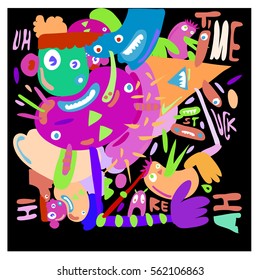 Vector illustration Hipster Hand drawn Crazy doodle cute Monster with drawing style. Vector illustration for poster, fabric printed, or wallpaper design.