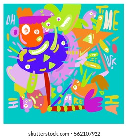Vector illustration Hipster Hand drawn Crazy doodle cute Monster with drawing style. Vector illustration for poster, fabric printed, or wallpaper design.