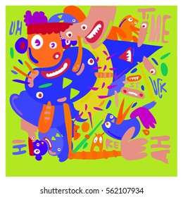 Vector illustration Hipster Hand drawn Crazy doodle cute Monster with drawing style. Vector illustration for poster, fabric printed, or wallpaper design.