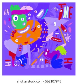 Vector illustration Hipster Hand drawn Crazy doodle cute Monster with drawing style. Vector illustration for poster, fabric printed, or wallpaper design.