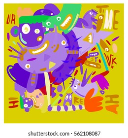 Vector illustration Hipster Hand drawn Crazy doodle cute Monster with drawing style. Vector illustration for poster, fabric printed, or wallpaper design.