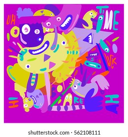 Vector illustration Hipster Hand drawn Crazy doodle cute Monster with drawing style. Vector illustration for poster, fabric printed, or wallpaper design.