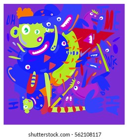 Vector illustration Hipster Hand drawn Crazy doodle cute Monster with drawing style. Vector illustration for poster, fabric printed, or wallpaper design.