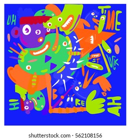 Vector illustration Hipster Hand drawn Crazy doodle cute Monster with drawing style. Vector illustration for poster, fabric printed, or wallpaper design.
