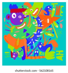 Vector illustration Hipster Hand drawn Crazy doodle cute Monster with drawing style. Vector illustration for poster, fabric printed, or wallpaper design.