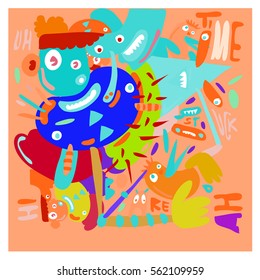 Vector illustration Hipster Hand drawn Crazy doodle cute Monster with drawing style. Vector illustration for poster, fabric printed, or wallpaper design.