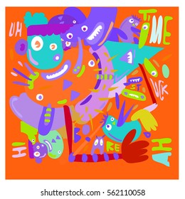 Vector illustration Hipster Hand drawn Crazy doodle cute Monster with drawing style. Vector illustration for poster, fabric printed, or wallpaper design.