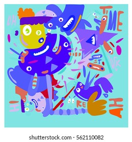 Vector illustration Hipster Hand drawn Crazy doodle cute Monster with drawing style. Vector illustration for poster, fabric printed, or wallpaper design.