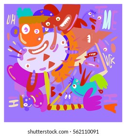 Vector illustration Hipster Hand drawn Crazy doodle cute Monster with drawing style. Vector illustration for poster, fabric printed, or wallpaper design.