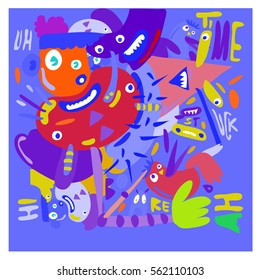Vector illustration Hipster Hand drawn Crazy doodle cute Monster with drawing style. Vector illustration for poster, fabric printed, or wallpaper design.