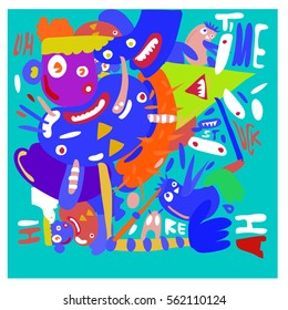 Vector illustration Hipster Hand drawn Crazy doodle cute Monster with drawing style. Vector illustration for poster, fabric printed, or wallpaper design.