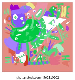 Vector illustration Hipster Hand drawn Crazy doodle cute Monster with drawing style. Vector illustration for poster, fabric printed, or wallpaper design.