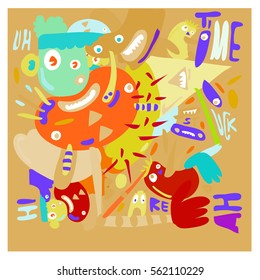 Vector illustration Hipster Hand drawn Crazy doodle cute Monster with drawing style. Vector illustration for poster, fabric printed, or wallpaper design.