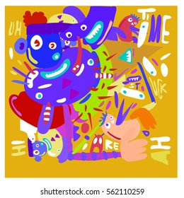 Vector illustration Hipster Hand drawn Crazy doodle cute Monster with drawing style. Vector illustration for poster, fabric printed, or wallpaper design.