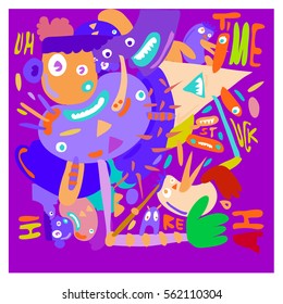 Vector illustration Hipster Hand drawn Crazy doodle cute Monster with drawing style. Vector illustration for poster, fabric printed, or wallpaper design.