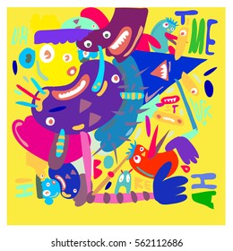 Vector illustration Hipster Hand drawn Crazy doodle cute Monster with drawing style. Vector illustration for poster, fabric printed, or wallpaper design.