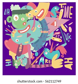 Vector illustration Hipster Hand drawn Crazy doodle cute Monster with drawing style. Vector illustration for poster, fabric printed, or wallpaper design.