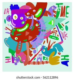 Vector illustration Hipster Hand drawn Crazy doodle cute Monster with drawing style. Vector illustration for poster, fabric printed, or wallpaper design.