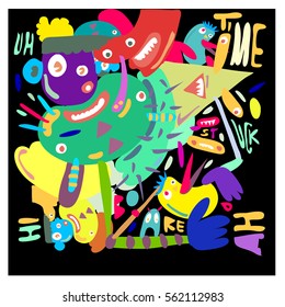 Vector illustration Hipster Hand drawn Crazy doodle cute Monster with drawing style. Vector illustration for poster, fabric printed, or wallpaper design.