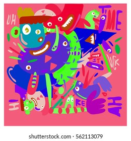 Vector illustration Hipster Hand drawn Crazy doodle cute Monster with drawing style. Vector illustration for poster, fabric printed, or wallpaper design.