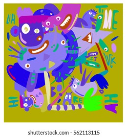 Vector illustration Hipster Hand drawn Crazy doodle cute Monster with drawing style. Vector illustration for poster, fabric printed, or wallpaper design.
