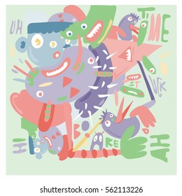 Vector illustration Hipster Hand drawn Crazy doodle cute Monster with drawing style. Vector illustration for poster, fabric printed, or wallpaper design.