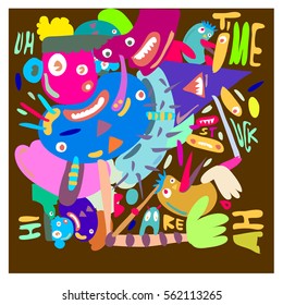 Vector illustration Hipster Hand drawn Crazy doodle cute Monster with drawing style. Vector illustration for poster, fabric printed, or wallpaper design.