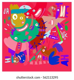 Vector illustration Hipster Hand drawn Crazy doodle cute Monster with drawing style. Vector illustration for poster, fabric printed, or wallpaper design.