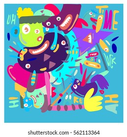 Vector illustration Hipster Hand drawn Crazy doodle cute Monster with drawing style. Vector illustration for poster, fabric printed, or wallpaper design.