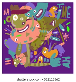 Vector illustration Hipster Hand drawn Crazy doodle cute Monster with drawing style. Vector illustration for poster, fabric printed, or wallpaper design.