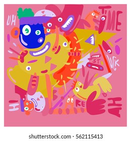 Vector illustration Hipster Hand drawn Crazy doodle cute Monster with drawing style. Vector illustration for poster, fabric printed, or wallpaper design.