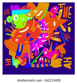 Vector illustration Hipster Hand drawn Crazy doodle cute Monster with drawing style. Vector illustration for poster, fabric printed, or wallpaper design.